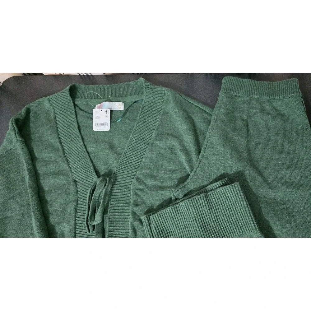 Free People Beach Solar Sweater Set‎ Women Sz S Cardigan Pant Lounge Pine Green